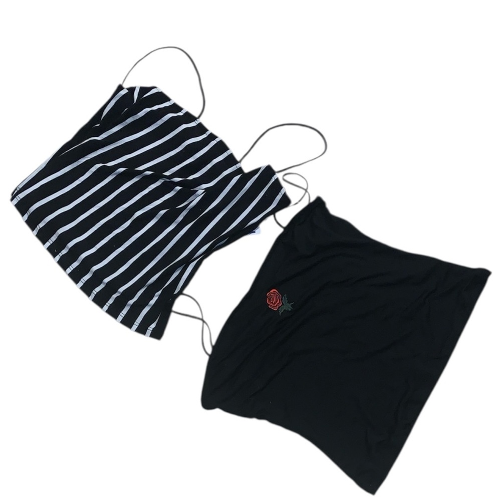 NWT Belle Tweed Crop Top Cami Bundle Black White Stripes Rose Embroidery